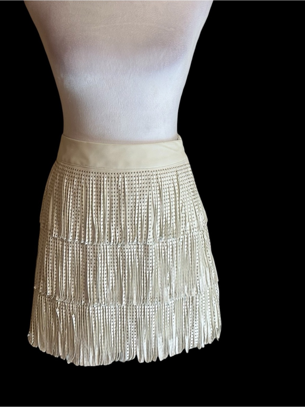 White Faux Leather Fringe Studded Mini Skirt